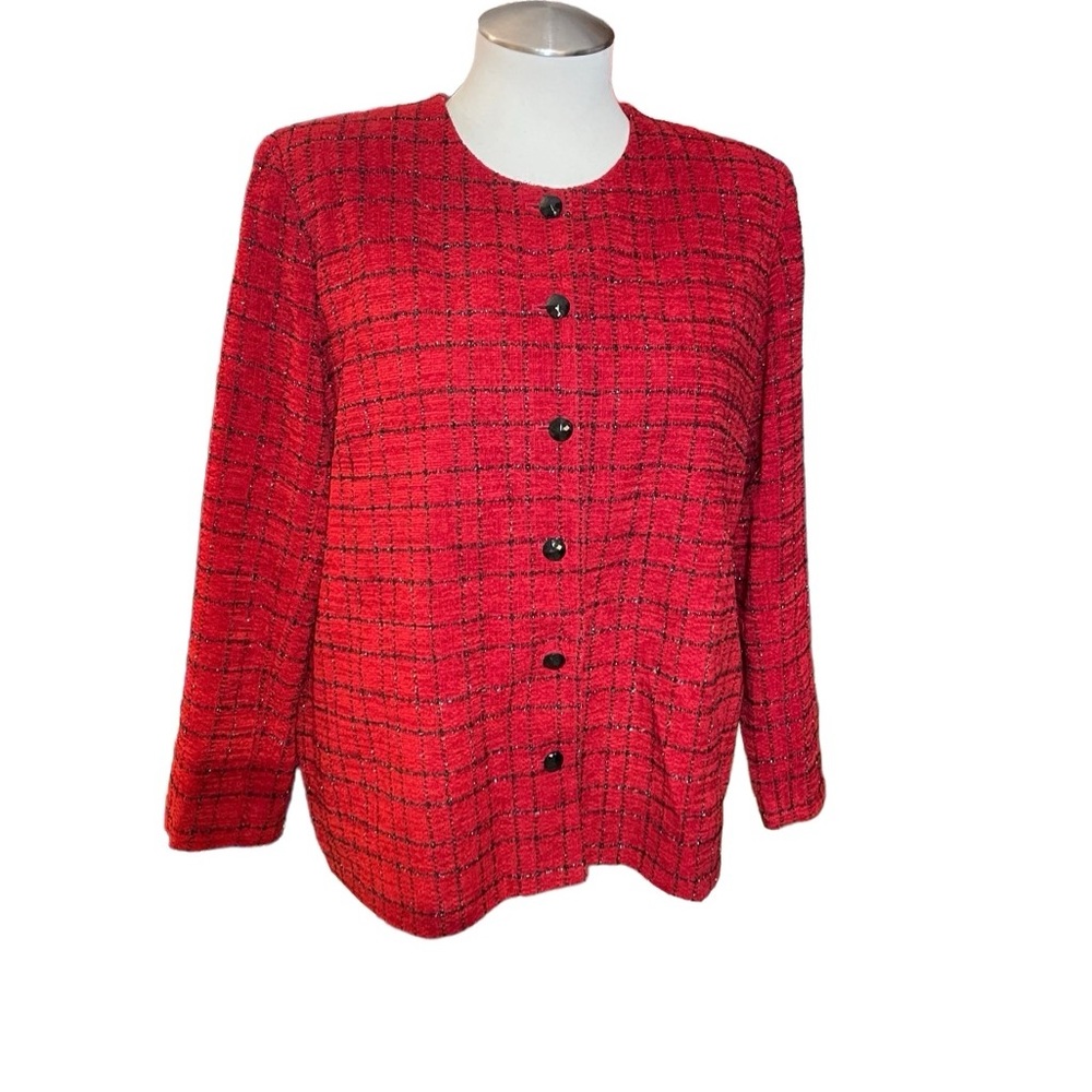 47.  Vintage 90s Alfred Dunner Red Metallic Plaid Button Down Jacket 1X